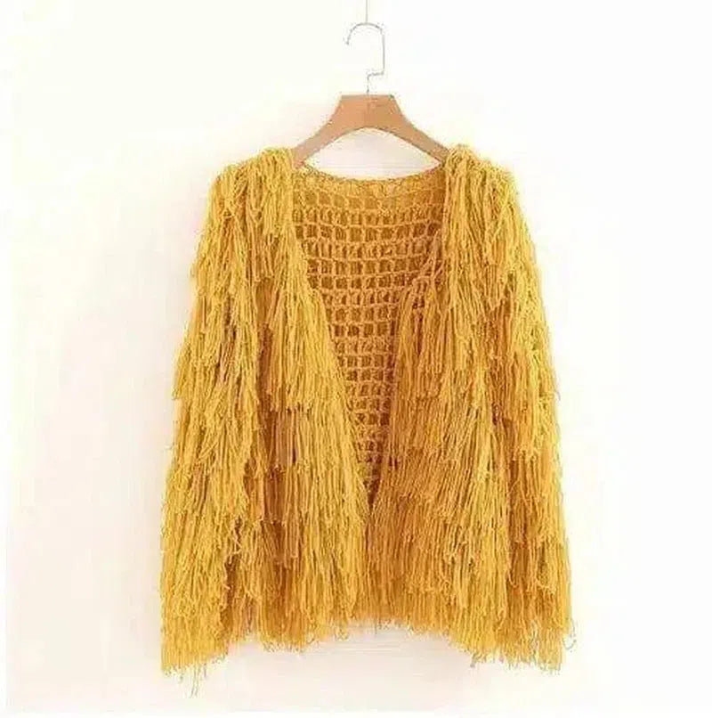 Fringe Sleeve Crop Top & Ripped Jeans-yellow-2