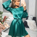 Spring Small Lantern Sleeve Dress Pure Color-Green-2