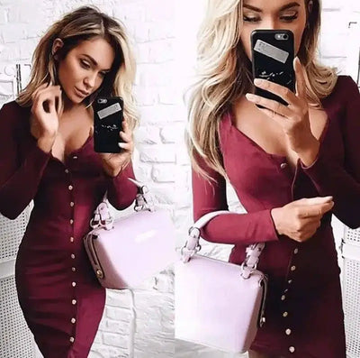 Spring Women Bodycon Slim Long Sleeve Party Cocktail Pencil-Winered-12