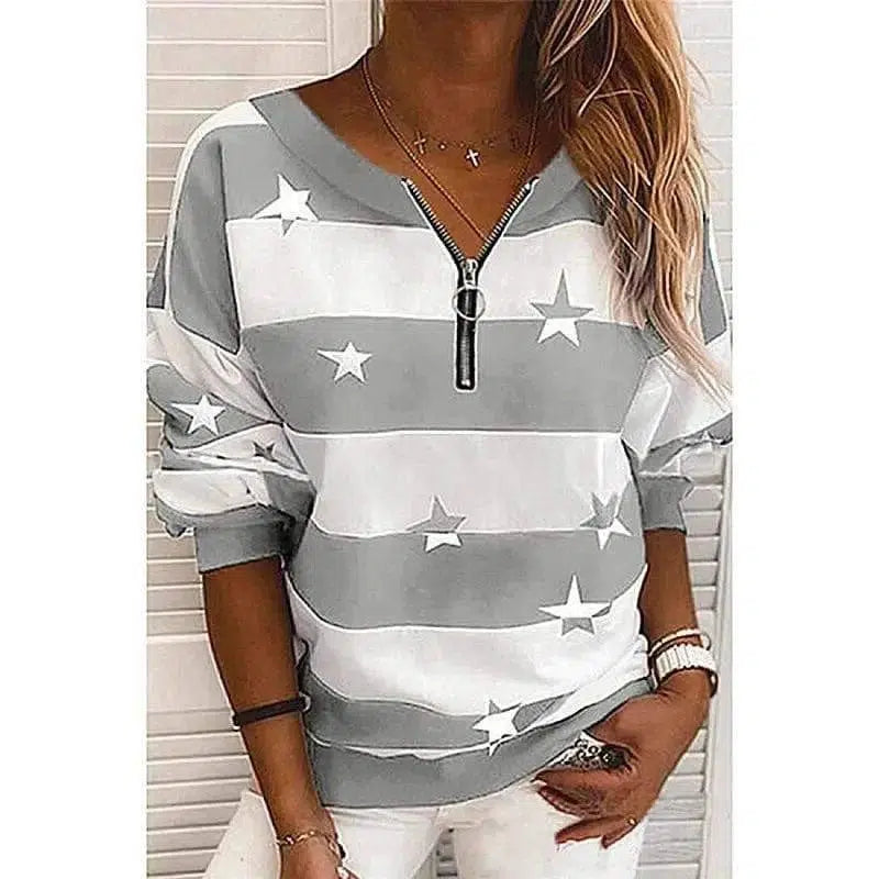 Striped Printed Long-Sleeved Zipper Loose Casual Sweater-Grey-5