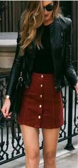 Suede Button-Front Skirt in Brown and Claret-Claret-13