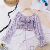 Floral Tie-Front Crop Top with Long Sleeves-Purple-5