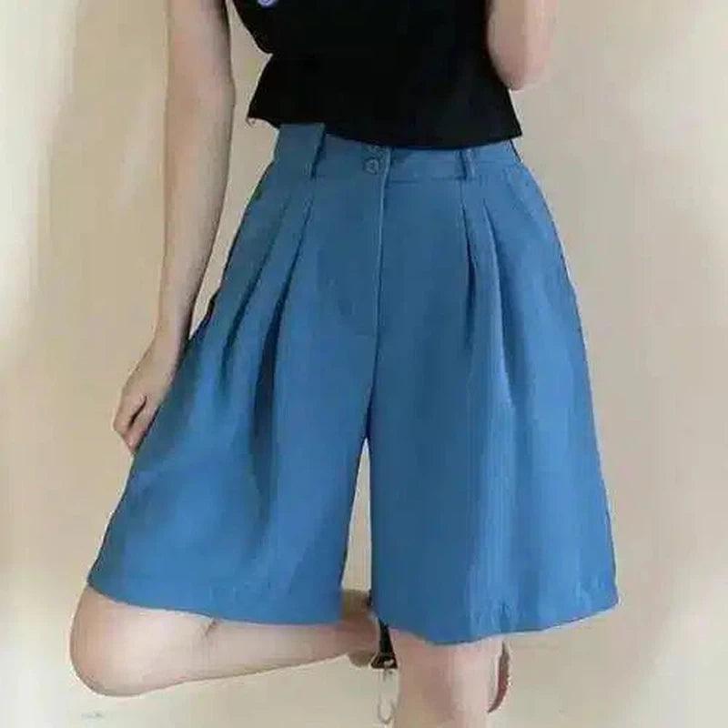 Wide-Leg Pleated Women's Shorts-Blue pants-1