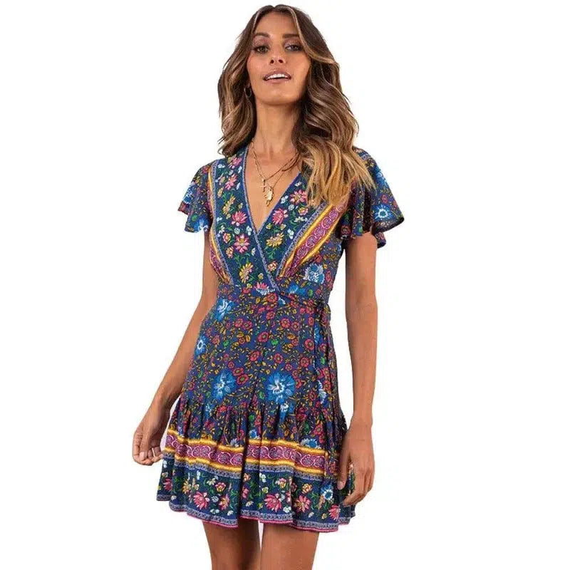 Lovemi - Summer V-neck sexy bohemian print dress skirt-Blackblue-55