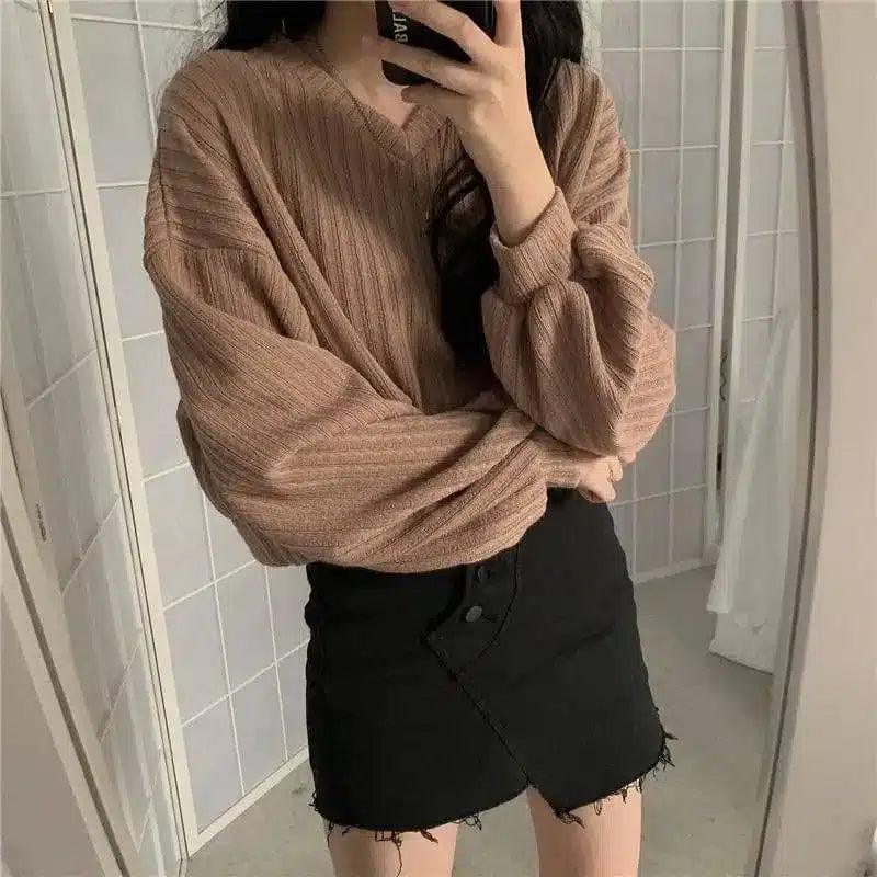 Women's Casual V-Neck Knit Sweater-Khaki-1