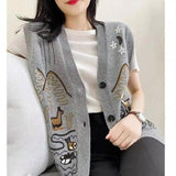 V-neck heavy embroidery cardigan woman-Grey-1