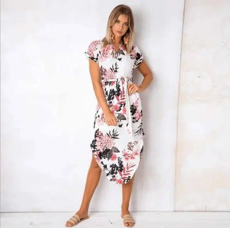 V-Neck Printed Dress-S-66