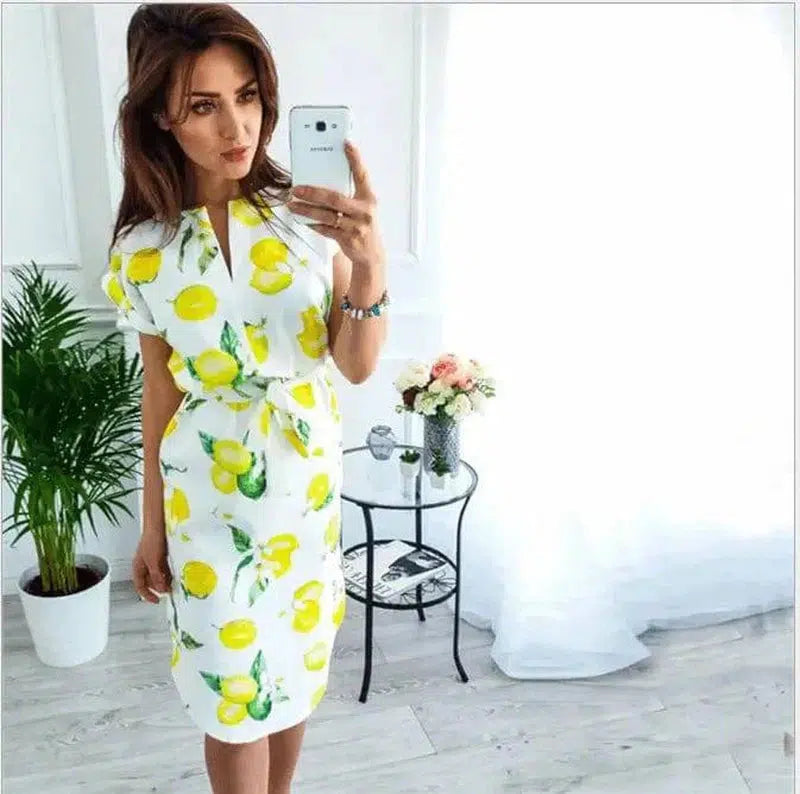 V-Neck Printed Dress-M-80