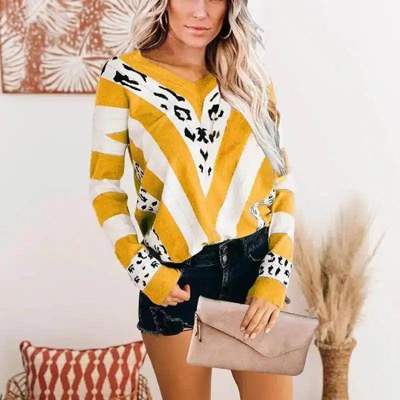 Striped Animal Print Women's Casual Sweater-Yellow-6