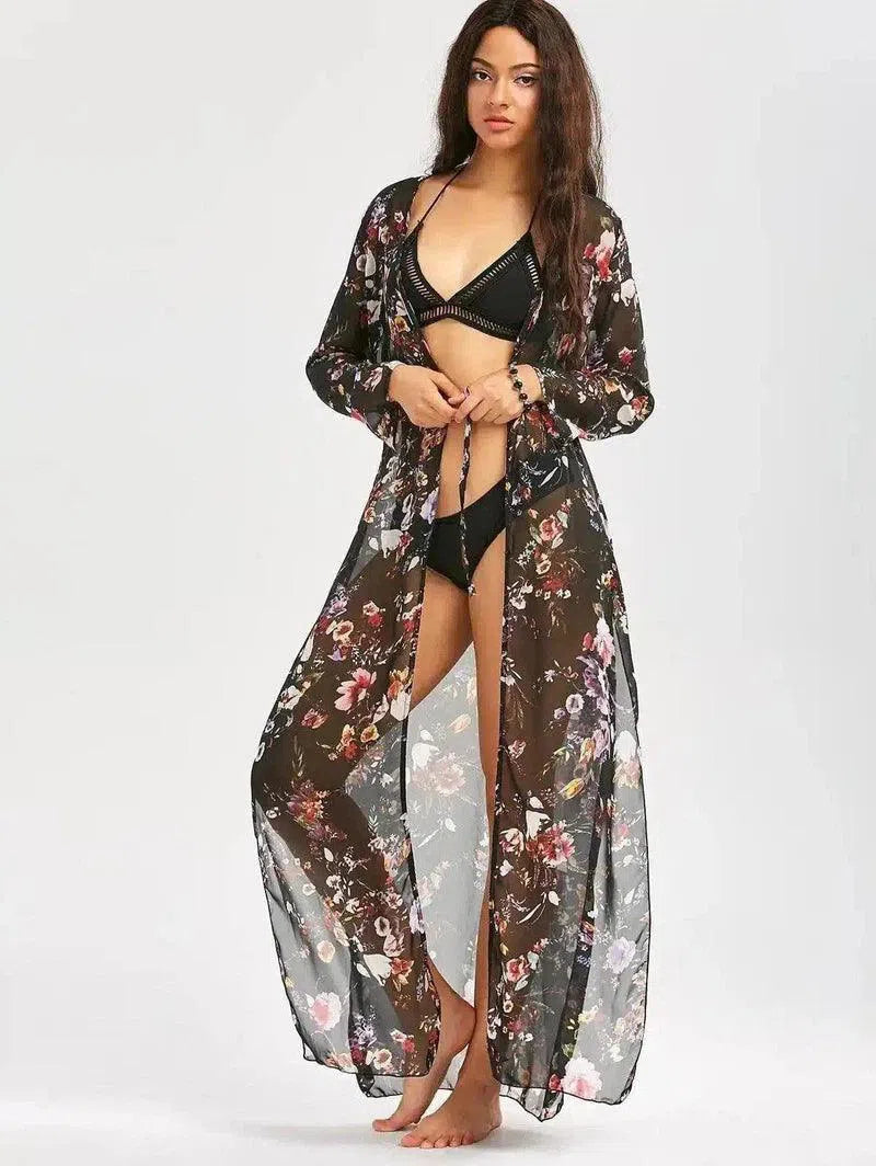 Floral Print Lightweight Women's Kimono Robe-Black-2