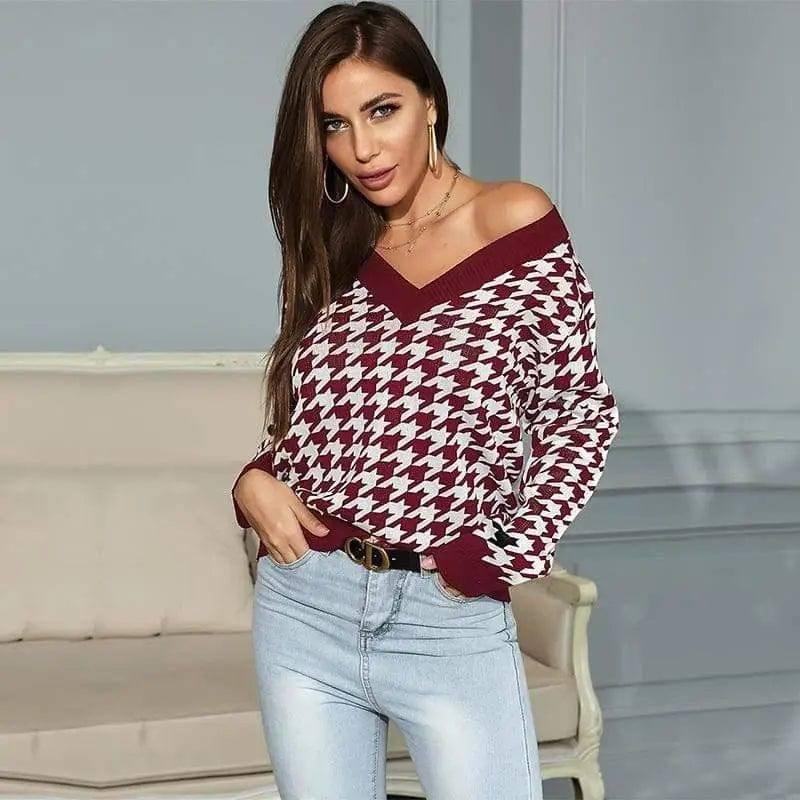 LOVEMI - Lovemi - Women Long-Sleeved Houndstooth Jacquard V-Neck