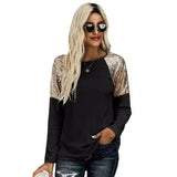 Women's Long Sleeve Sequin Shoulder Top-Black-4