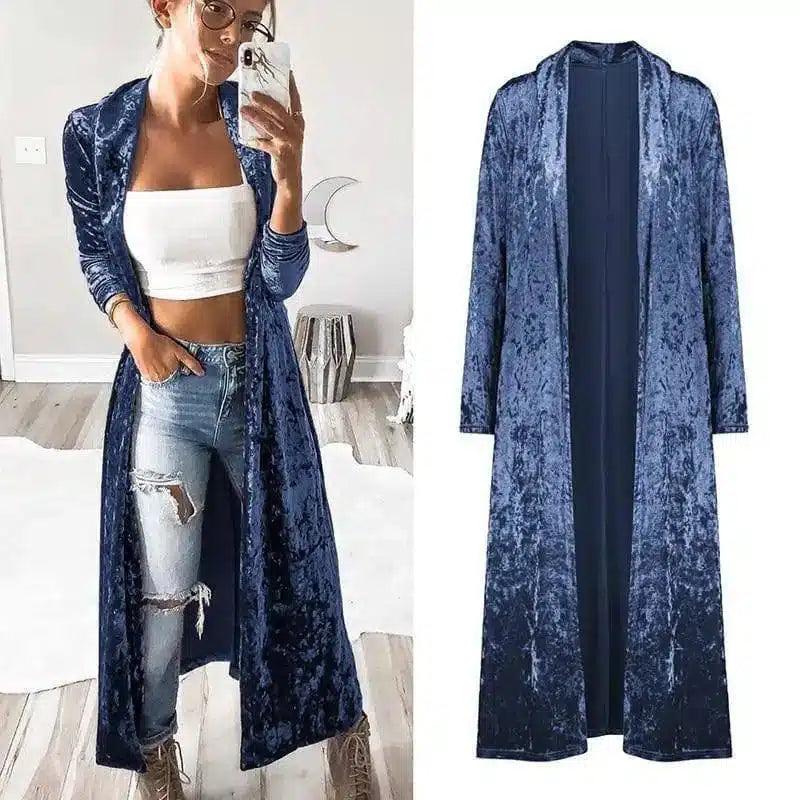 Women's fashion velvet jacket autumn long coat stitch-Blue-2