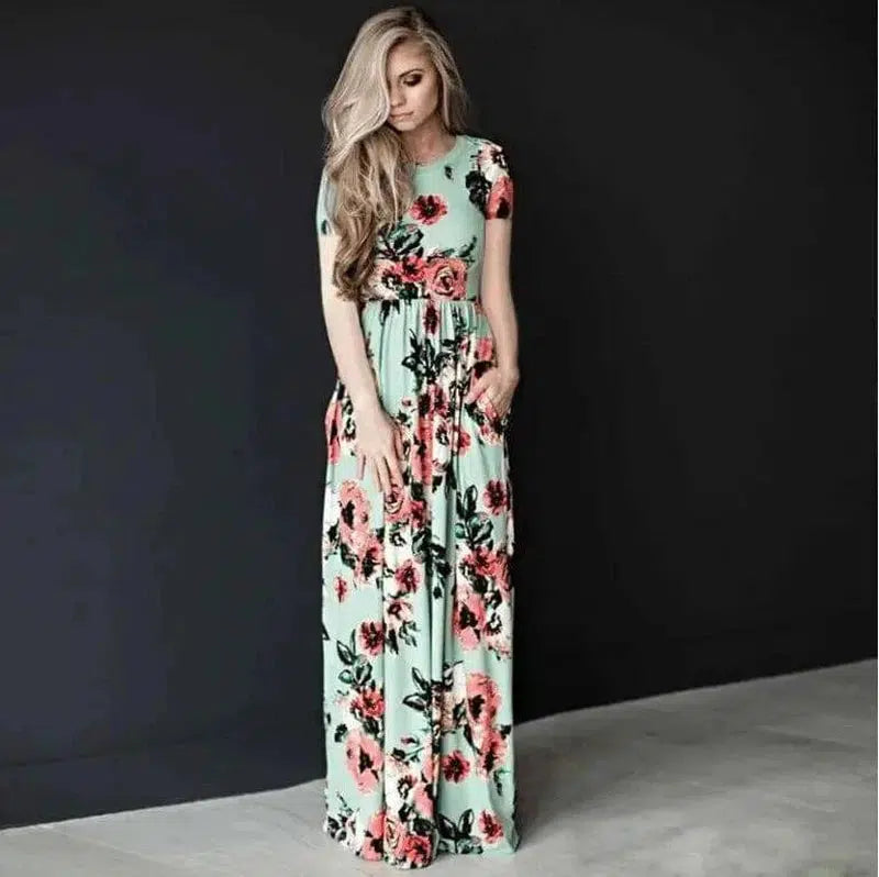 Women's Flower Printing Maxi Dress-Green-3