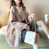 Lace Trim Knit Cardigan with Tie Neck Blouse-Pink-2