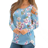 Women's Floral Cold Shoulder Long Sleeve Top-Light Blue-3