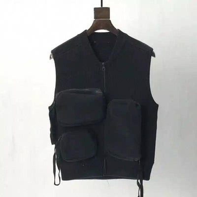 Multi-Pocket Knitted Vest for Storage-Black-2