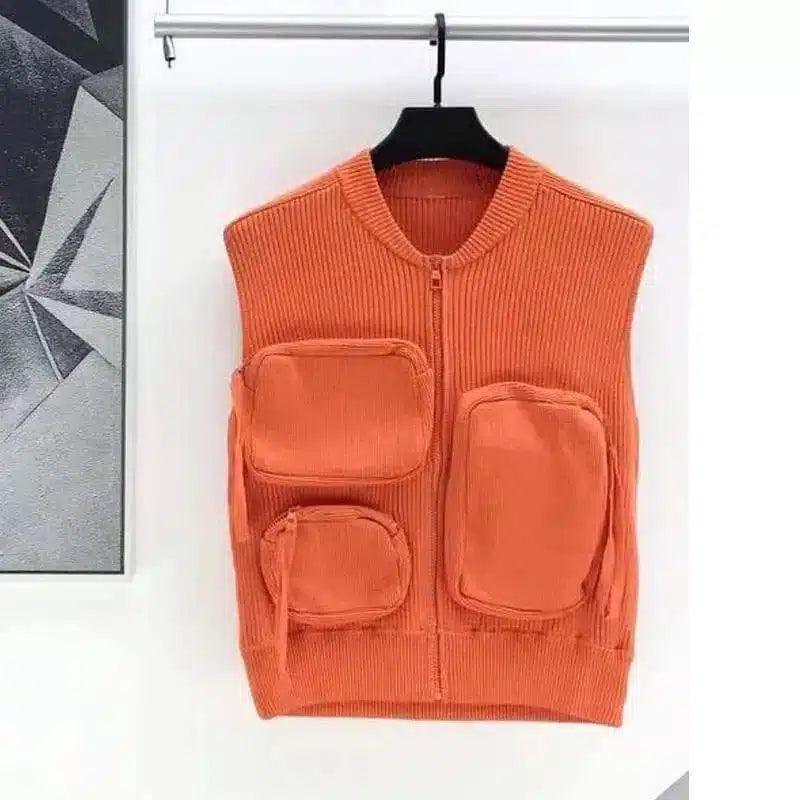 Multi-Pocket Knitted Vest for Storage-Orange-3