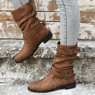 Low Heel Vintage Adjustable Buckle Boots Women Combat Biker-Brown-3