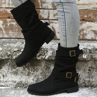 Low Heel Vintage Adjustable Buckle Boots Women Combat Biker-Black-4