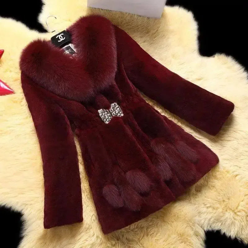 Luxurious Mid-Length Mother Coat with Fox Fur Collar-Wine Red-2