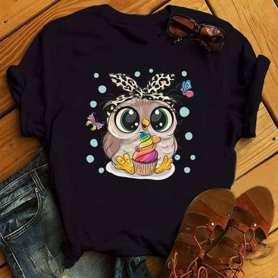 Maycaur Cartoon Owl Print T Shirt Women Kawaii Graphic-BT6632-HS-3