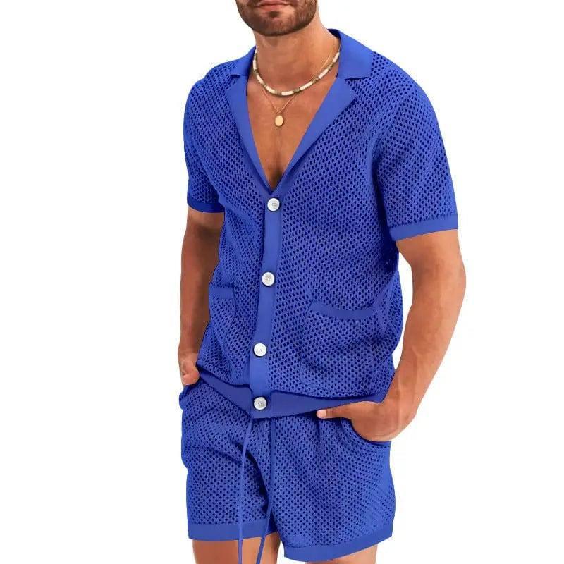 Men's Casual Mesh Knit Casual Lapel Two-Piece Suit-Blue-1