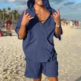 Men's Pocket Hooded Loose Vacation Suit Two-Piece Set-Blue-2