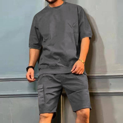 Men's Sports Suits Summer Round Neck Short-sleeved Top And Khaki / 3XL-Dark Grey-4