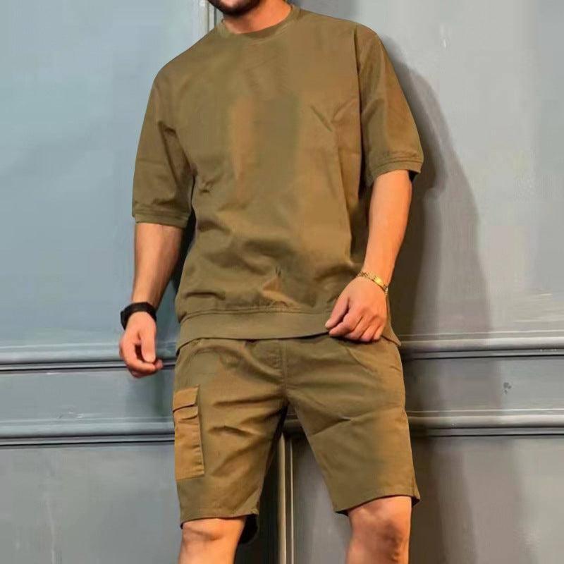 Men's Sports Suits Summer Round Neck Short-sleeved Top And Khaki / 3XL-Khaki-5