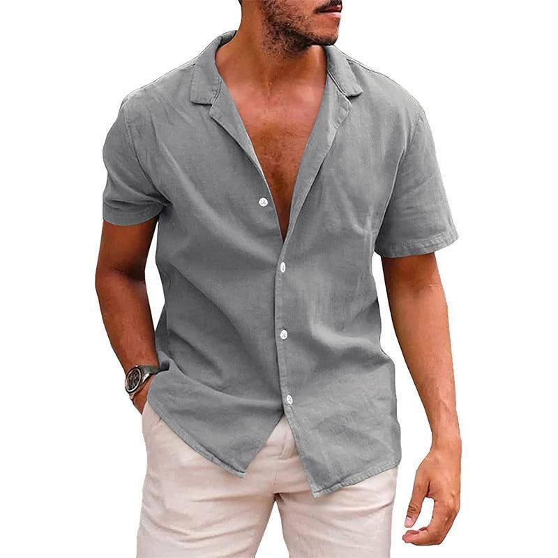 Men's Tops Casual Button Down Shirt Short Sleeve Beach Shirt-Gray-2