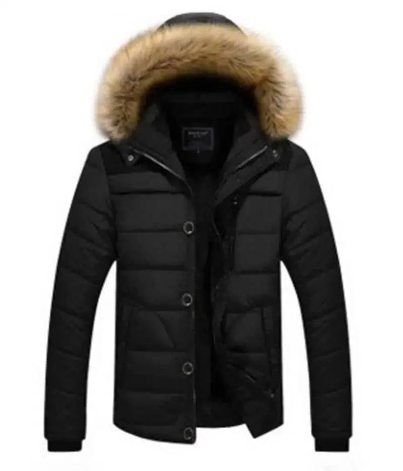 Men's fur collar hooded cotton jacket-Black-2