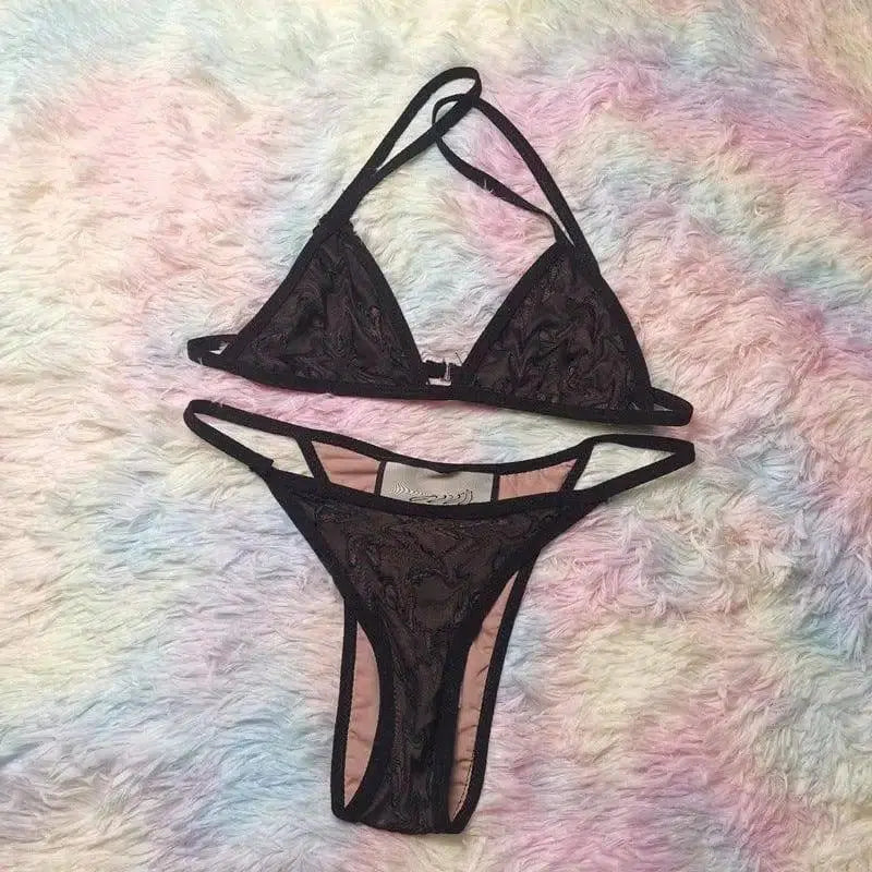 Mesh Embroidered Tie Neck Bikini-A-1