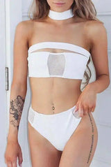 mesh stitching bikini sexy bandage openwork swimsuit solid-White-1