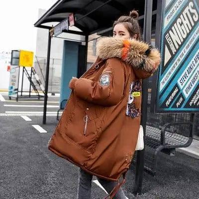 Mid-length Large Fur Collar Down Coat Plus Size Korean-Caramelcolorhair-3