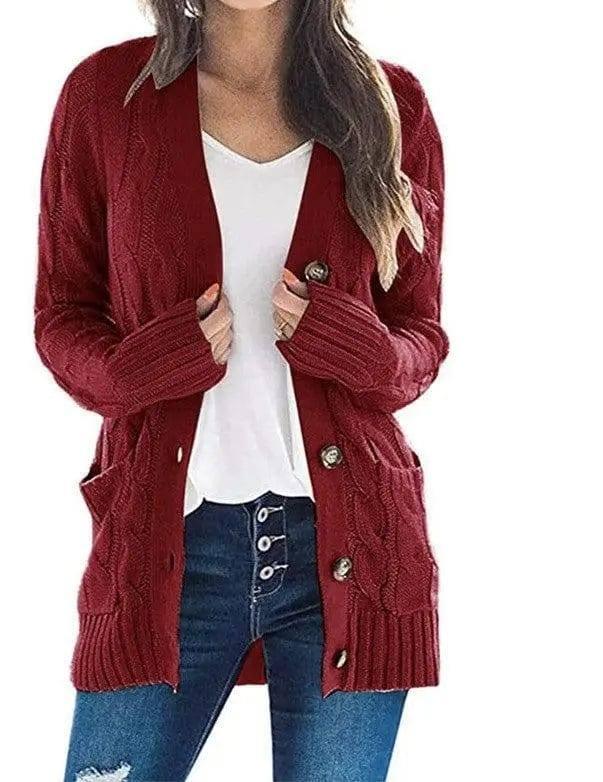 Mid-length Sweater Cardigan-Wine Red-7