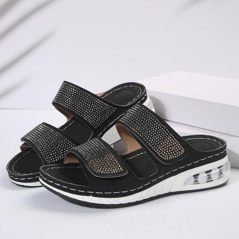 New Air Cushion Wedges Sandals Summer Casual Rhinestone-Black-8