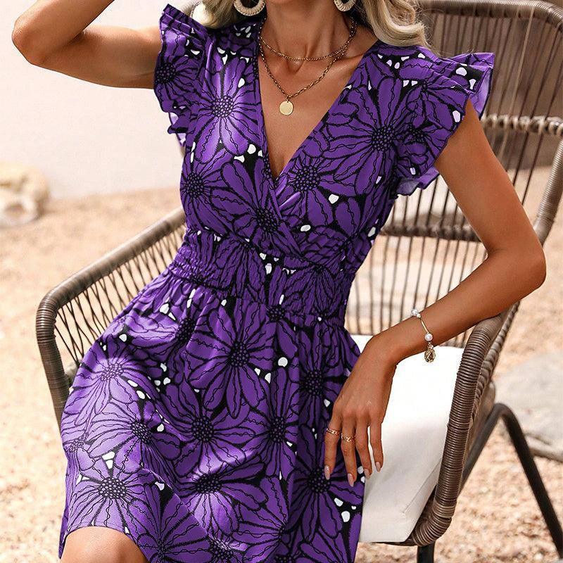 New Flowers Print Ruffled Sleeveless Dress Summer Deep-2