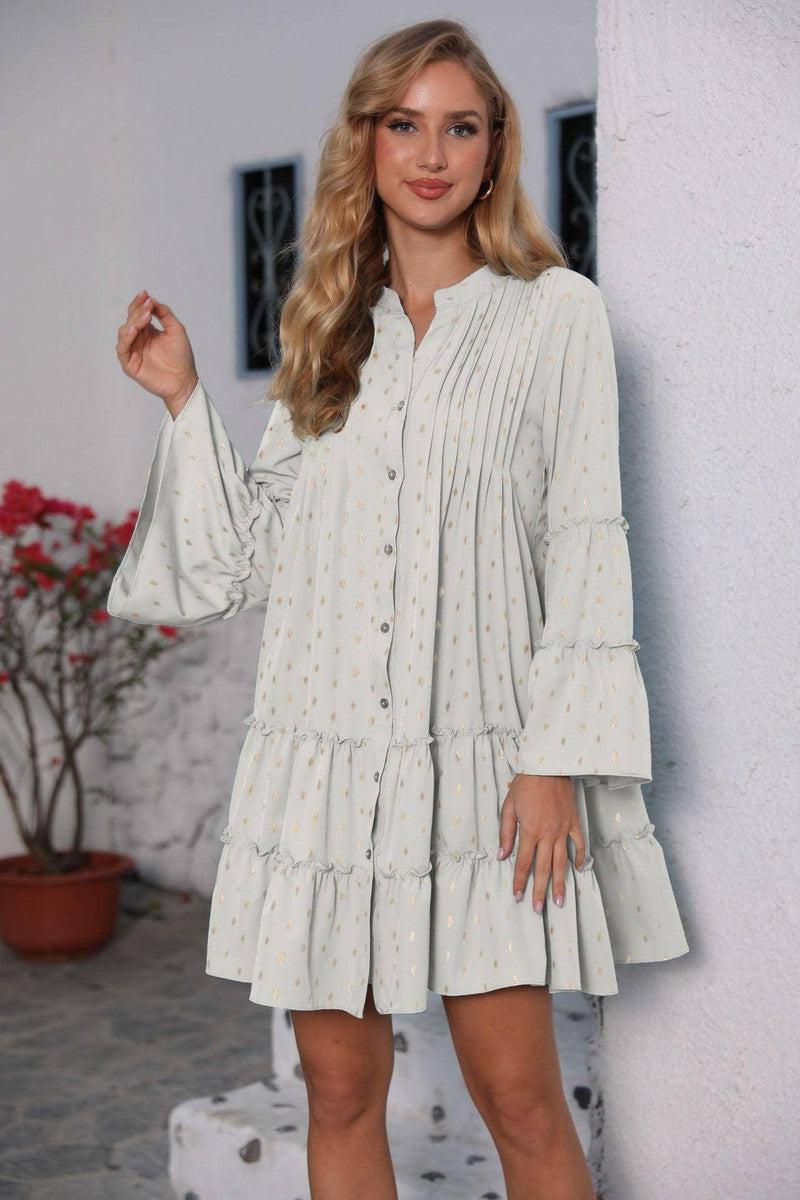 New Printed Bronzing Pleated Flared Long Sleeve Dress Summer-White-3