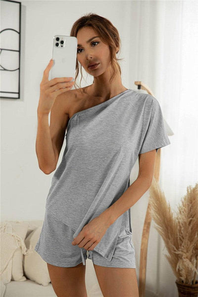 Off-the-shoulder Short Sleeve Sloping-shoulder Off-Light Gray-4