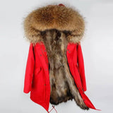 Oversized raccoon fur collar parka coat-Red-7