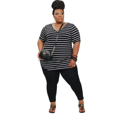 CM.YAYA Women Plus Size XL-5XL Striped Print V-neck Tee tops jogger sweatpant suit two piece set sport matching set outfit-black-7