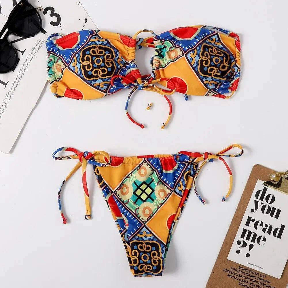 Printed Split Bikini Swimsuit Sexy Lace-up Triangle Ladies-Yellow-1