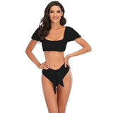 Puff Sleeve One-Line Neck Swimsuit High Waist Tie Bikini-Black-3