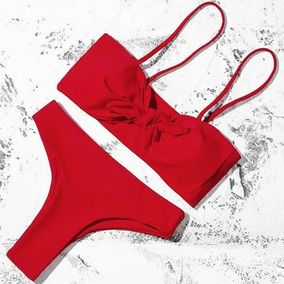 Pure Color Bikini Strap And Bow Split Swimsuit-Red-5