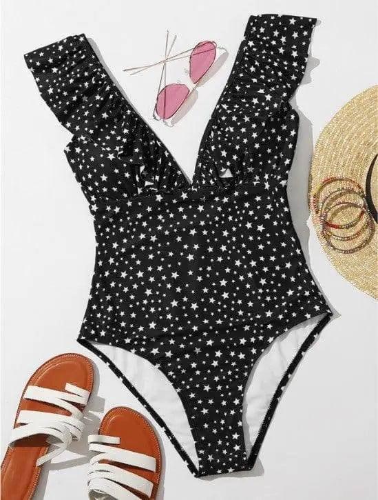 Pure Color Pleated One-piece Swimsuit Fashionable Slim-Blackstars-6