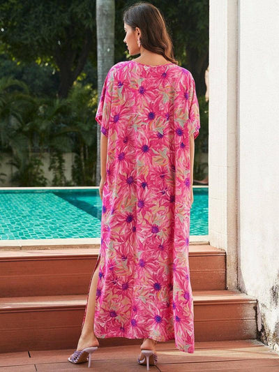 Rayon Rose Red Embroidered Beach Dress Outer Wear-4