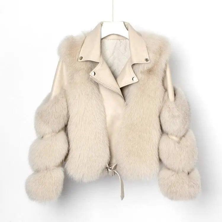 Real fur grass motorcycle fox coat-Milk tea color-8