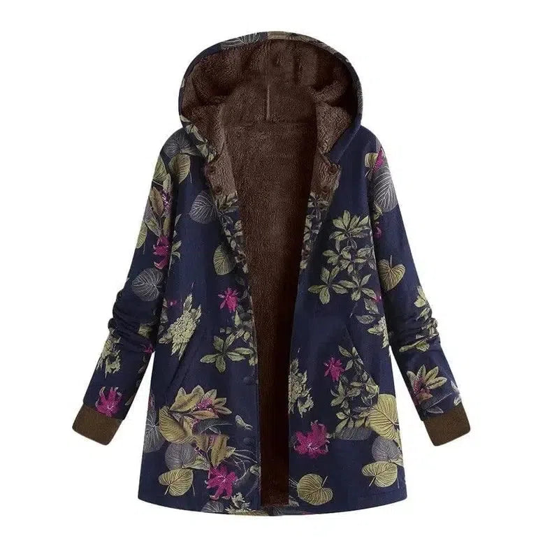 Retro flower print plus size hooded jacket top-Blue-7