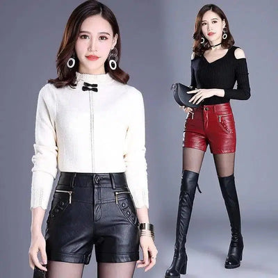 Retro high waist slim slim straight casual pu leather shorts-3